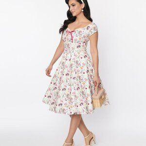 Unique Vintage Fit & Flare Midi Dress Paris Cafe Print Retro Sz M NWT